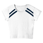 San Luis Tee, custom cropped fitted baby tee with cap sleeves and navy stripes from neckline to underarms, in Opal White color