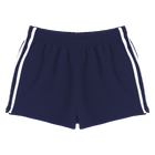 Thalia Shorts, custom mid-rise fleece sweat shorts with white side stripes, in Midnight Chic color